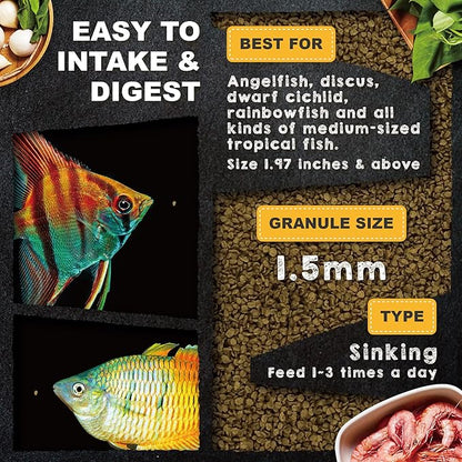 Ultra Fresh Tropical Fish Food, Wild Sword Prawn, Natural Color Enhancement, Slow Sinking Pellet for Discus, Angelfish, Medium Sized Cichlids and Fish, Tropical Excellent Bits 1.87 oz