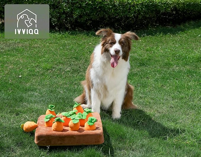 Interactive Dog Toys，Squeak Carrot Snuffle Mat for Dogs Plush Puzzle Toys 2 in 1 Non-Slip Nosework Feed Games for Pet Stress Relief with 12 Carrots…