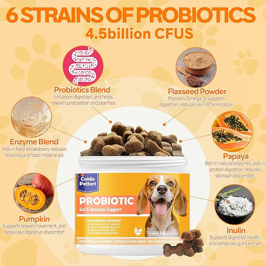 Probiotics for Dogs,6 Digestive Probiotics & 6 Enzymes for Gut Health,Digestion & Gut Support,Helps Diarrhea, Yeast Infection, Upset Stomach,Allergies & Immune System Support-150 Chews