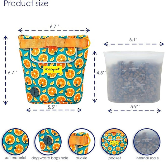 Dog Treat Pouch for Pet Walking and Training with Clicker 2 Cup Silicone Bag Small Fanny Pack Holder for Puppy Snack Dispenser Kit for Leash and Outdoor Use (Fruit Orange)