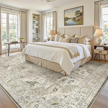 9x12 Area Rugs for Living Room, Machine Washable Non Slip Vintage Rug, Non-Slip Stain Resistant, Large Soft Home Decor Rug for Bedroom Dining Room (Brown/Ivory,9'x12')
