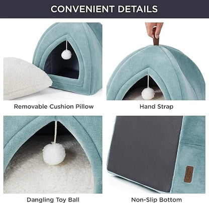 Bedsure Cat Beds for Indoor - 2 in 1 Cat Cave House Tent for Kittens and Small Pets with Removable Washable Cushioned Pillow, Foldable Kitten Hideaway with Non-Slip Bottom, Ocean Blue, 16 inches