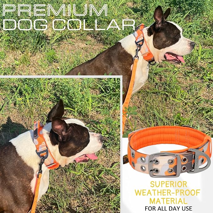ADITYNA Heavy Duty Dog Collar for Large Dogs - Camo Orange Collar with Handle for Training, and Walking - Wide, Thick, Tactical, Soft Neoprene Padded