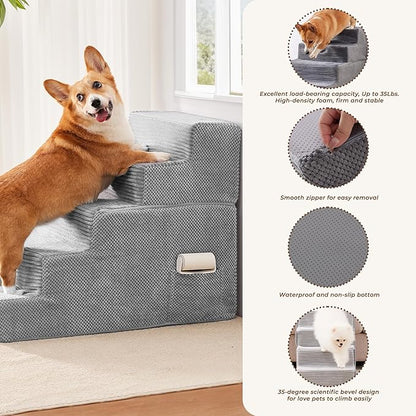 HYLEORY Dog Stairs for Bed 22.5''H, 5-Step Pet Stairs for Small Dogs & Cats, Sturdy Pet Steps with Non-Slip Bottom, Functional Portable Dog Ramp for Couch/Chair/Sofa/Car, Storage Pocket, Light Grey