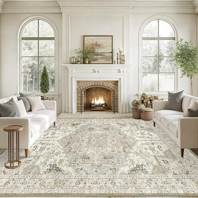 9x12 Area Rugs for Living Room, Machine Washable Non Slip Vintage Rug, Non-Slip Stain Resistant, Large Soft Home Decor Rug for Bedroom Dining Room (Brown/Ivory,9'x12')
