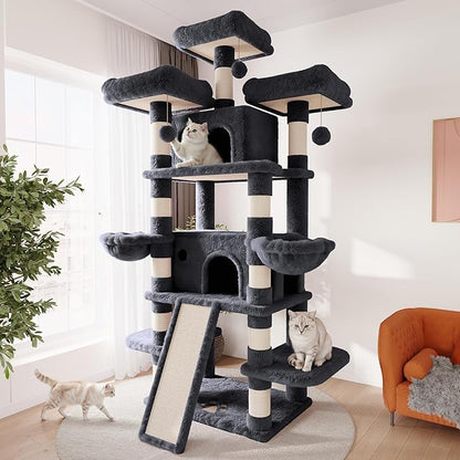 SHA CERLIN 81 Inches Extra Large Cat Tree for Indoor Adult Cats/XXL Big Cat Tower with Condo/Cozy Perches/Sisal Scratching Posts and Hammocks/Activity Center/F80/Heavy Duty/Dark Grey