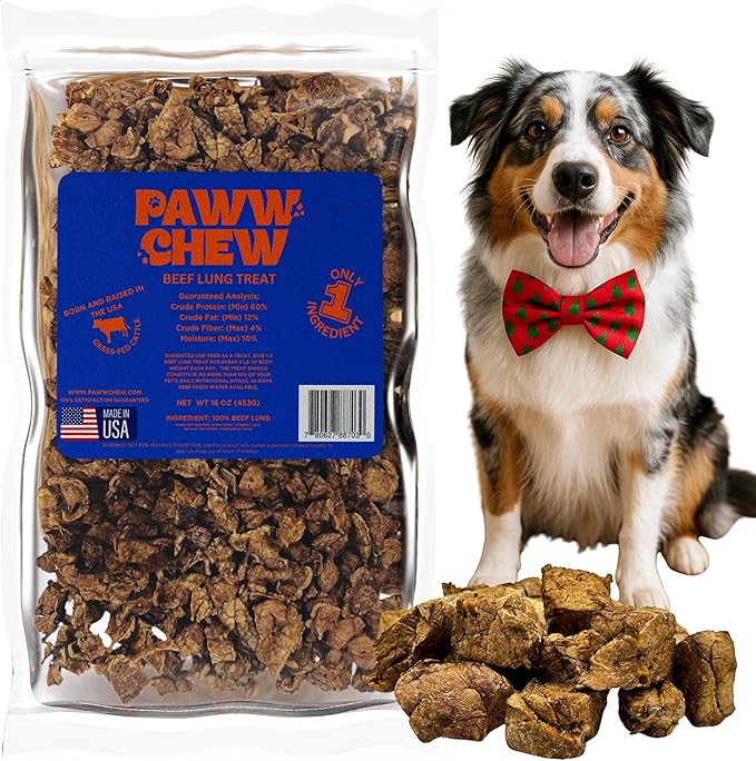 PAWW CHEW Beef Lung Dog Treats, 100% Natural, Single Ingredient, (1 Pound) Made in The USA, Dried & Dehydrated, High Protein, High Value Dog Training Treats, Grain Free, Low-Odor Free for All Breeds