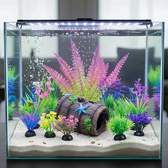 Ameliade Aquarium Plastic Plants Decorations and Fish Tank Broken Barrel Hideout Cave Decor Set Goldfish Betta Small Fish Bowl Ornaments Accessories 12 PCS