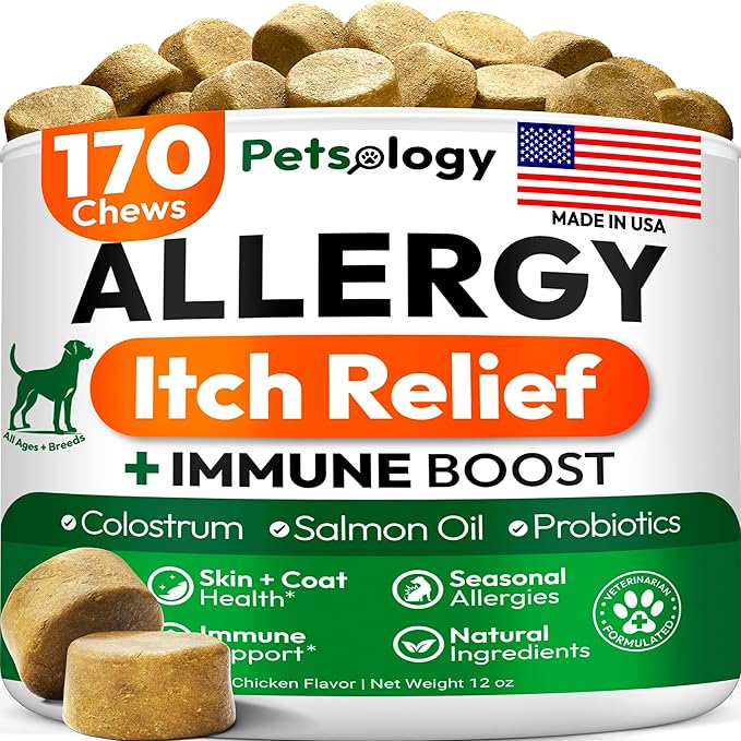 Dog Allergy Relief Chews - 170 Dog Allergy Chews - Itch Relief for Dogs - Omega 3 Fish Oil, Probiotics for Itchy Skin & Hot Spots Allergies, Paw Licking - Dry Skin & Coat Supplement - Immune Health