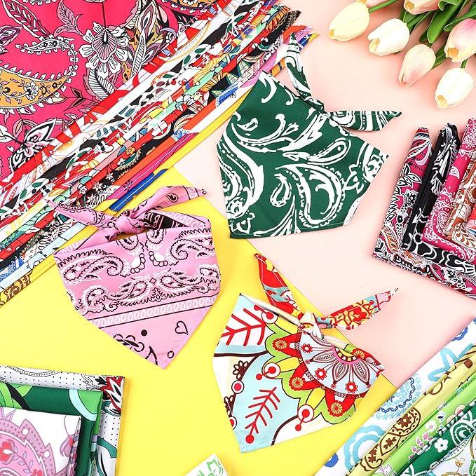 100 Pcs Paisley Dog Bandanas Bulk Pet Bibs Colorful Triangle Scarf Pet Paisley Bandanas for Medium Large Dogs Spring Summer Birthday Costume Decoration