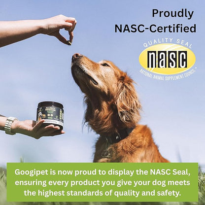 Googipet Dog Allergy Chews, Seasonal Dog Allergy Relief & Itchy Skin Relief, Skin & Coat Supplement +Bee Pollen, Colostrum, Coconut Oil, Probiotics, & Omega 3 Fish Oil for Dogs (Peanut Butter Flavor)