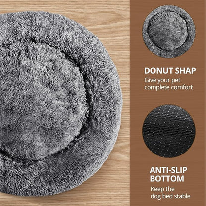 JOLLYVOGUE Small Dog & Cat Beds for Indoor Cats, Donut Cuddler Warming Soft Dog Beds with Anti-Slip Bottom, Round Calming Fluffy Plush Faux Fur Cushion Bed for Small Dogs (23", Smoke Black)