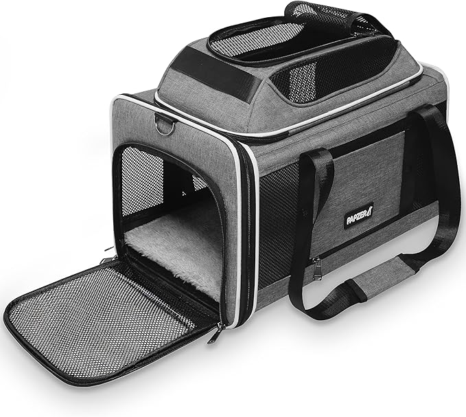 PAPZER Cat Carrier Top-Expandable 18x11x11, United Delta American Airline Approved Dog Carrier, Soft-Sided Pet Carry Bag Under-Seat in Cabin, Puppy Airplane Travel Crate TSA Plane Kitten Cage Grey