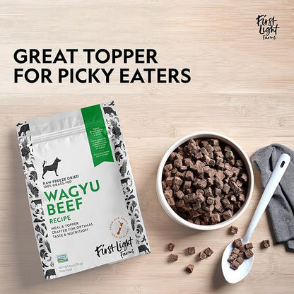 First Light Farms Freeze-Dried Dog Food Topper for Picky Eaters | High Protein Treat | Grain-Free Formula for All Breeds & Life Stages | Premium Wagyu Beef & Certified Humane | 1.5lb Bag