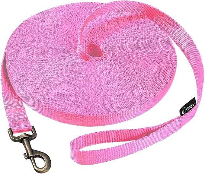 HIKISS Long Dog Leash Obedience Recall Training Agility Lead with Thickening Material for Large Dog - 15ft 20ft 30ft 50ft 100ft Training Leash(Pink 20ft)