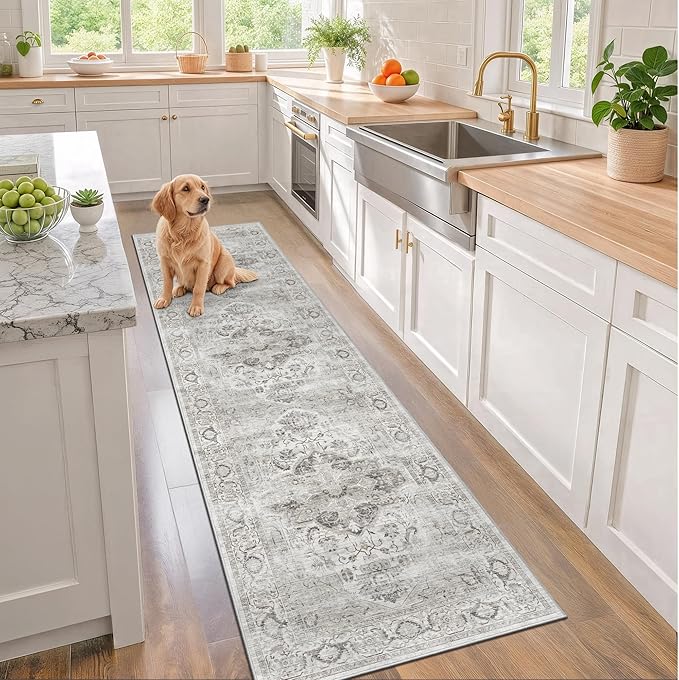 2x8 Washable Hallway Runner Rug - Kitchen Rugs with Non Slip Backing Vintage Soft Farmhouse Entryway Mat for Living Room Laundry Bedroom Bathroom Ivory/Gray
