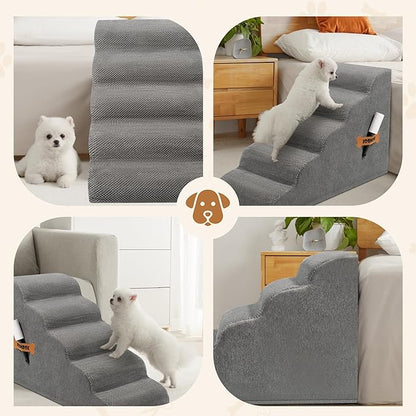 Romrol Dog Stairs Ramp for Small Dogs, Pet Stairs Steps with Durable Non-Slip Waterproof Fabric Cover, Dog Slope Stairs to Bed for Small Dogs and Cats or Pets Joints, 5-Steps, Grey
