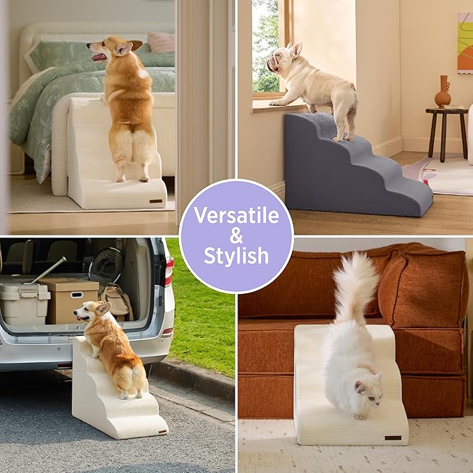Lesure Dog Stairs for High Bed Pet Steps Ramp for Small Dogs with CertiPUR-US Certified Foam with Non-Slip Bottom, Beige, 5 Steps