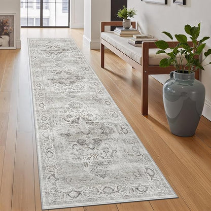 2x8 Washable Hallway Runner Rug - Kitchen Rugs with Non Slip Backing Vintage Soft Farmhouse Entryway Mat for Living Room Laundry Bedroom Bathroom Ivory/Gray