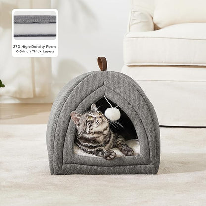 Bedsure Cat Beds for Indoor - 2 in 1 Cat Cave House Tent for Kittens and Small Pets with Removable Washable Cushioned Pillow, Foldable Kitten Hideaway with Non-Slip Bottom, Grey, 16 inches
