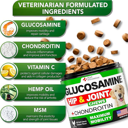 Glucosamine for Dogs - Hip and Joint Supplement for Dogs - Glucosamine Chondroitin - Joint Pain Relief Pills - MSM - Advanced Health Support Supplement - 120 Mobility Chews - Made in USA