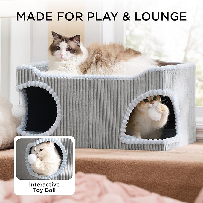 Bedsure Large Cat Beds for Indoor Cats - Extra Wide Cat House with Scratch Removable Top Sisal Pad for Multi Cats, Foldable Cave Hideaway for Entertainment, 23.6x15.9x12.6inches, Grey