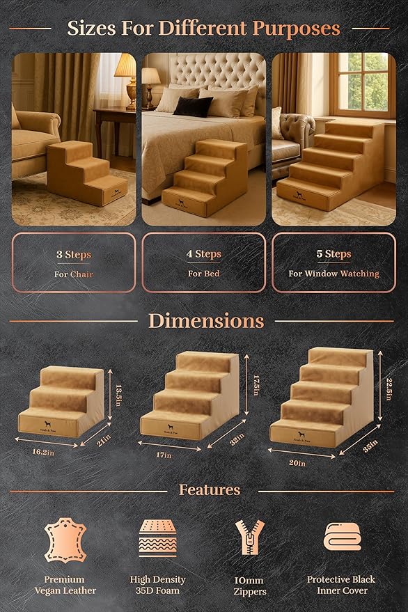Noah & Paw Dog Stairs, Dog Ramp for Bed (16" Extra Wide) Pet Stairs for High Bed, Design to Fit Small and Large Breeds, Durable 3 Pet Steps for Couch (35 Foam Density) Leather Collection