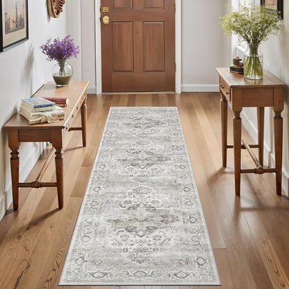 2x8 Washable Hallway Runner Rug - Kitchen Rugs with Non Slip Backing Vintage Soft Farmhouse Entryway Mat for Living Room Laundry Bedroom Bathroom Ivory/Gray