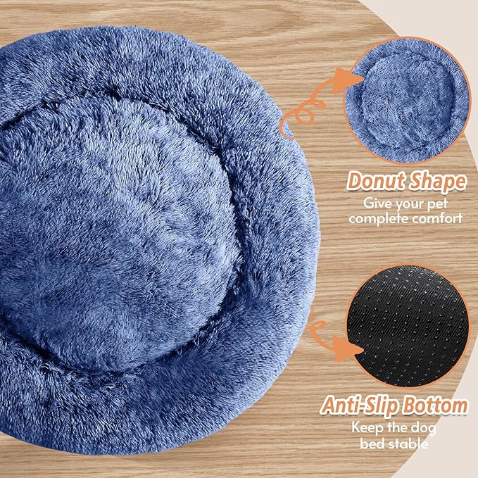 JOLLYVOGUE Small Dog & Cat Beds for Indoor Cats, Donut Cuddler Warming Soft Dog Beds with Anti-Slip Bottom, Round Calming Fluffy Plush Faux Fur Cushion Bed for Medium Dogs (31")