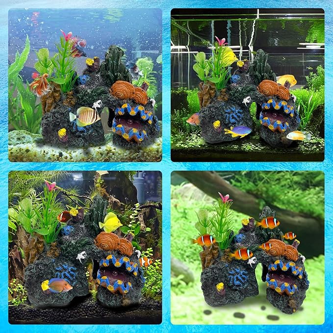 PINVNBY Aquarium Coral Reef Decor Resin Fish Tank Decorations Rock Mountain Cave Ornaments for Goldfish Betta Fish Sleep Rest Hide Play Breed with 4 PCS Aquatic Plants (Small Size)