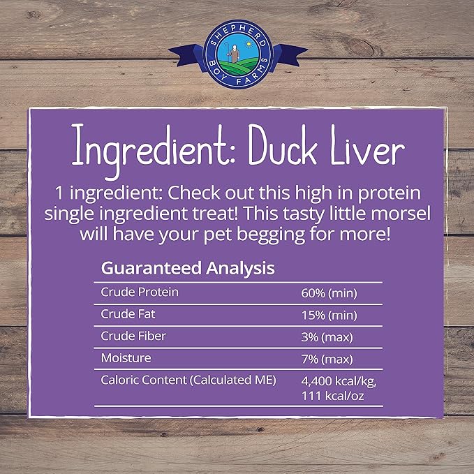 Shepherd Boy Farms Freeze Dried Dog and Cat Treats, Duck Liver, All Natural Single Ingredient Freeze-Dried Dog Treat & Snacks, Made in USA, High Protein, Essential Nutrition of Raw Food, 8oz