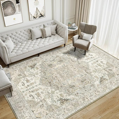 9x12 Area Rugs for Living Room, Machine Washable Non Slip Vintage Rug, Non-Slip Stain Resistant, Large Soft Home Decor Rug for Bedroom Dining Room (Brown/Ivory,9'x12')