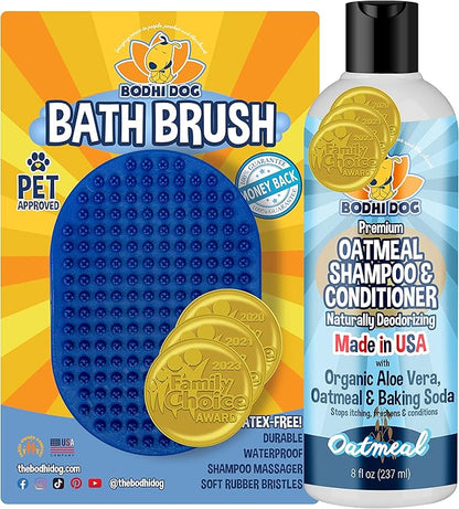 Bodhi Dog Shampoo Brush & Oatmeal Shampoo and Conditioner Bundle - Grooming Essentials for Pets, Short Hair Scrubber, Soothes and Moisturizes Dry, Itchy Skin - Hydrates & Nourishes