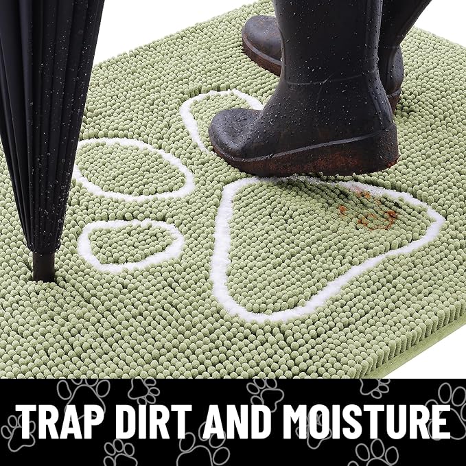 Smiry Dog Door Mat for Muddy Paws, Absorbent Dirt Trapper Non Slip Quick Dry Washable Chenille Mat for Mud Dogs, Entry Rug for Indoor and Outdoor (47x32 Inches, Sage Green and White)