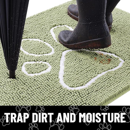 Smiry Dog Door Mat for Muddy Paws, Absorbent Dirt Trapper Non Slip Quick Dry Washable Chenille Mat for Mud Dogs, Entry Rug for Indoor and Outdoor (47x32 Inches, Sage Green and White)