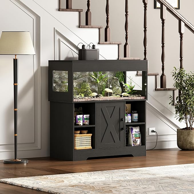 Herture 40 Gallon Reptile Terrarium Tank with Storage Cabinet, Reptile Tank with Stand, for Leopard Geckos, Corn Snakes, Juvenile Pets, Sliding Acrylic Doors, Mesh Top, Power Outlet, Black PX03RTB