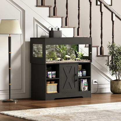 Herture 40 Gallon Reptile Terrarium Tank with Storage Cabinet, Reptile Tank with Stand, for Leopard Geckos, Corn Snakes, Juvenile Pets, Sliding Acrylic Doors, Mesh Top, Power Outlet, Black PX03RTB