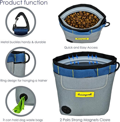 Dog Treat Pouch for Pet Walking and Training with Clicker 2 Cup Silicone Bag Small Fanny Pack Holder for Puppy Snack Dispenser Kit for Leash and Outdoor Use (Gray)