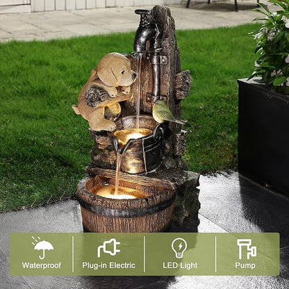 LuxenHome Water Fountain Outdoor, 25" Whimsical Puppy Dog Resin Outdoor Water Fountain with LED Lights, Decorative Garden Waterfall Fountains Indoor and Outdoor for Patio, Garden Decor