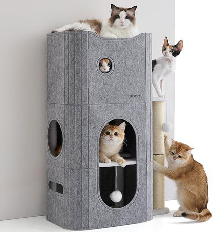 Bedsure 3-Level Indoor Cat Bed- Cat Condos Small Cat Tree for Multiple Kitties to Play Sleep,Hideaway Cave, Fluffy Ball, Scratching Post, 22.5x31.5x13, Grey