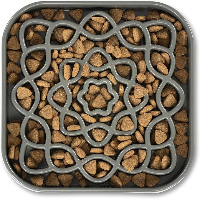 Messy Mutts and Cats Interactive Square Slow Feeder | Cool Grey (2 Cup) | 8” x 8” Square Puzzle Slow Feeder for Dogs/Cats | Enrichment Food Dish for Slow Eating, Bloating
