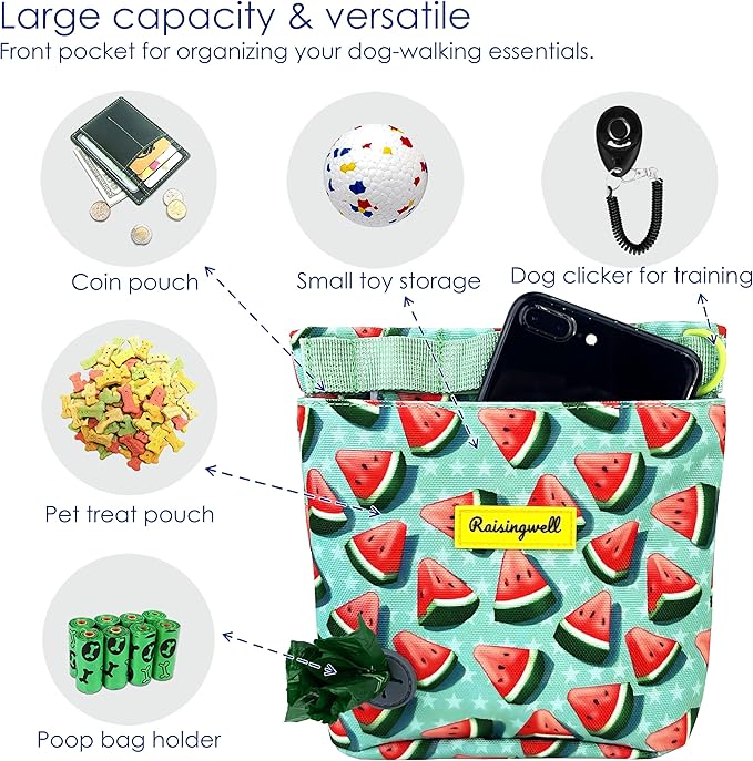 Dog Treat Pouch for Pet Walking and Training with Clicker 2 Cup Silicone Bag Small Fanny Pack Holder for Puppy Snack Dispenser Kit for Leash and Outdoor Use (Watermelon)