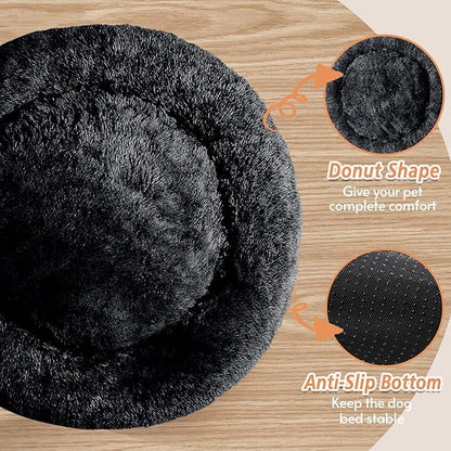 JOLLYVOGUE Small Dog & Cat Beds for Indoor Cats, Donut Cuddler Warming Soft Dog Beds with Anti-Slip Bottom, Round Calming Fluffy Plush Faux Fur Cushion Bed for Small Dogs (23", Black)