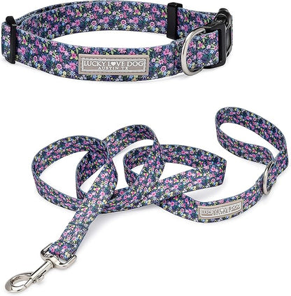 Lucky Love Dog, Matching Dog Collar & Leash Set for Female Dogs, Soft, Adjustable, Safe for Training and Walking, Black & Purple Floral Print, Primrose Combo, Small