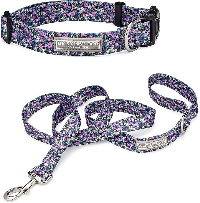 Lucky Love Dog, Matching Dog Collar & Leash Set for Female Dogs, Soft, Adjustable, Safe for Training and Walking, Black & Purple Floral Print, Primrose Combo, Large