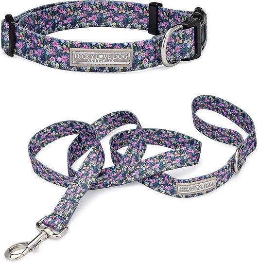 Lucky Love Dog, Matching Dog Collar & Leash Set for Female Dogs, Soft, Adjustable, Safe for Training and Walking, Black & Purple Floral Print, Primrose Combo, Large