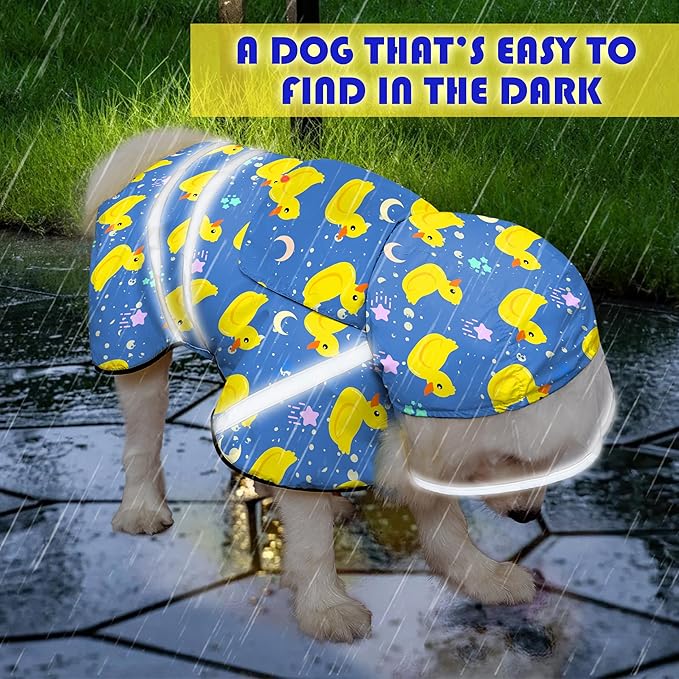 Dog Raincoat, Adjustable Rain Jacket with Hooded Double Layer for Large Medium Small Dogs Puppies, Lightweight Waterproof Rain Coat Poncho with Reflective Stripe Duck Blue,XL