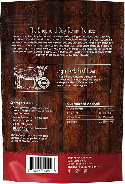 Shepherd Boy Farms Freeze Dried Dog and Cat Treats, Beef Liver, All Natural Single Ingredient Freeze-Dried Dog Treat & Snacks, Made in USA, High Protein, Essential Nutrition of Raw Food, 8oz