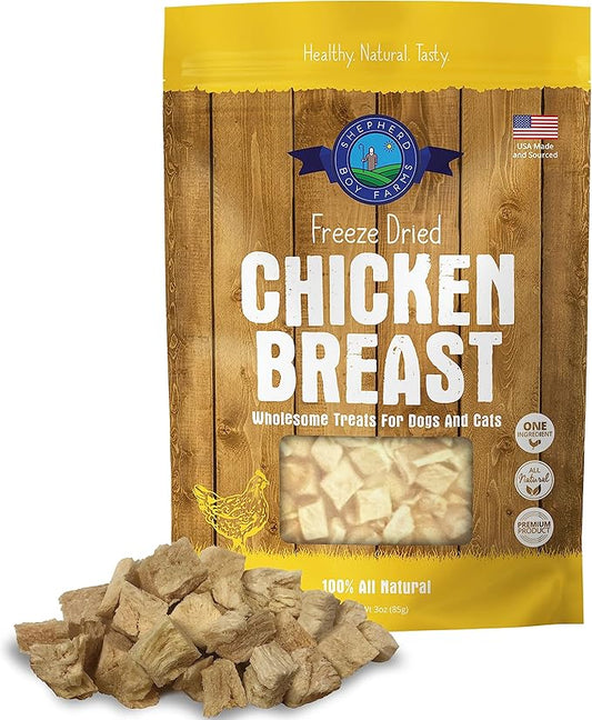 Shepherd Boy Farms Freeze Dried Dog and Cat Treats, Chicken Breast, All Natural Freeze-Dried Dog Treat & Snacks, Made in USA, High in Protein, Nutrition of Raw Food, Single Ingredient, 3oz