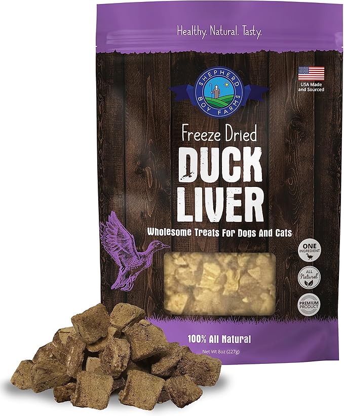 Shepherd Boy Farms Freeze Dried Dog and Cat Treats, Duck Liver, All Natural Single Ingredient Freeze-Dried Dog Treat & Snacks, Made in USA, High Protein, Essential Nutrition of Raw Food, 8oz